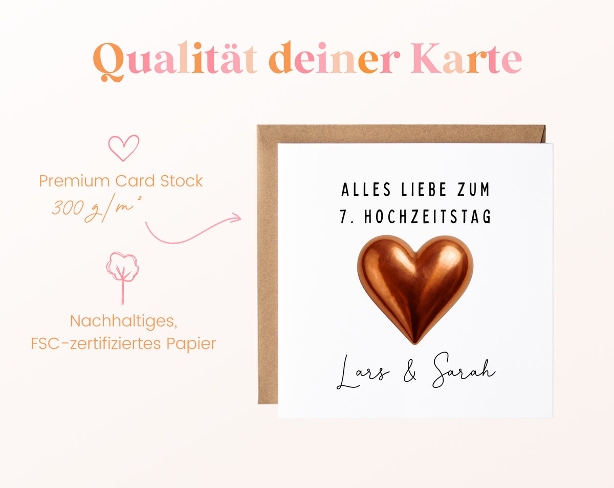Kupferherz-Karte zum 7. Hochzeitstag – Qualitätsangaben