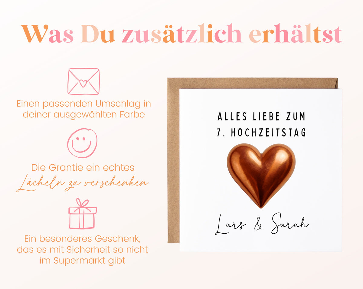 Kupferherz-Karte zum 7. Hochzeitstag – Lieferumfang