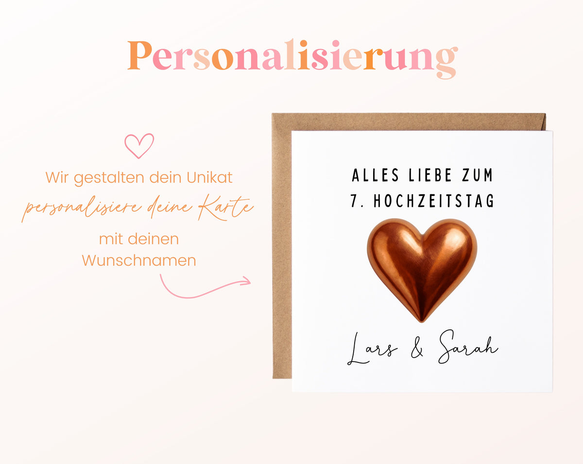 Kupferherz-Karte zum 7. Hochzeitstag – Personalisierung mit Beispielnamen