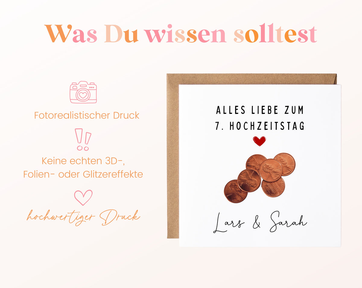 Münzen-Karte zum 7. Hochzeitstag – Druckhinweise