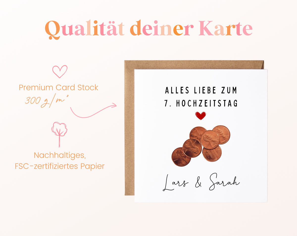 Münzen-Karte zum 7. Hochzeitstag – Qualitätsangaben