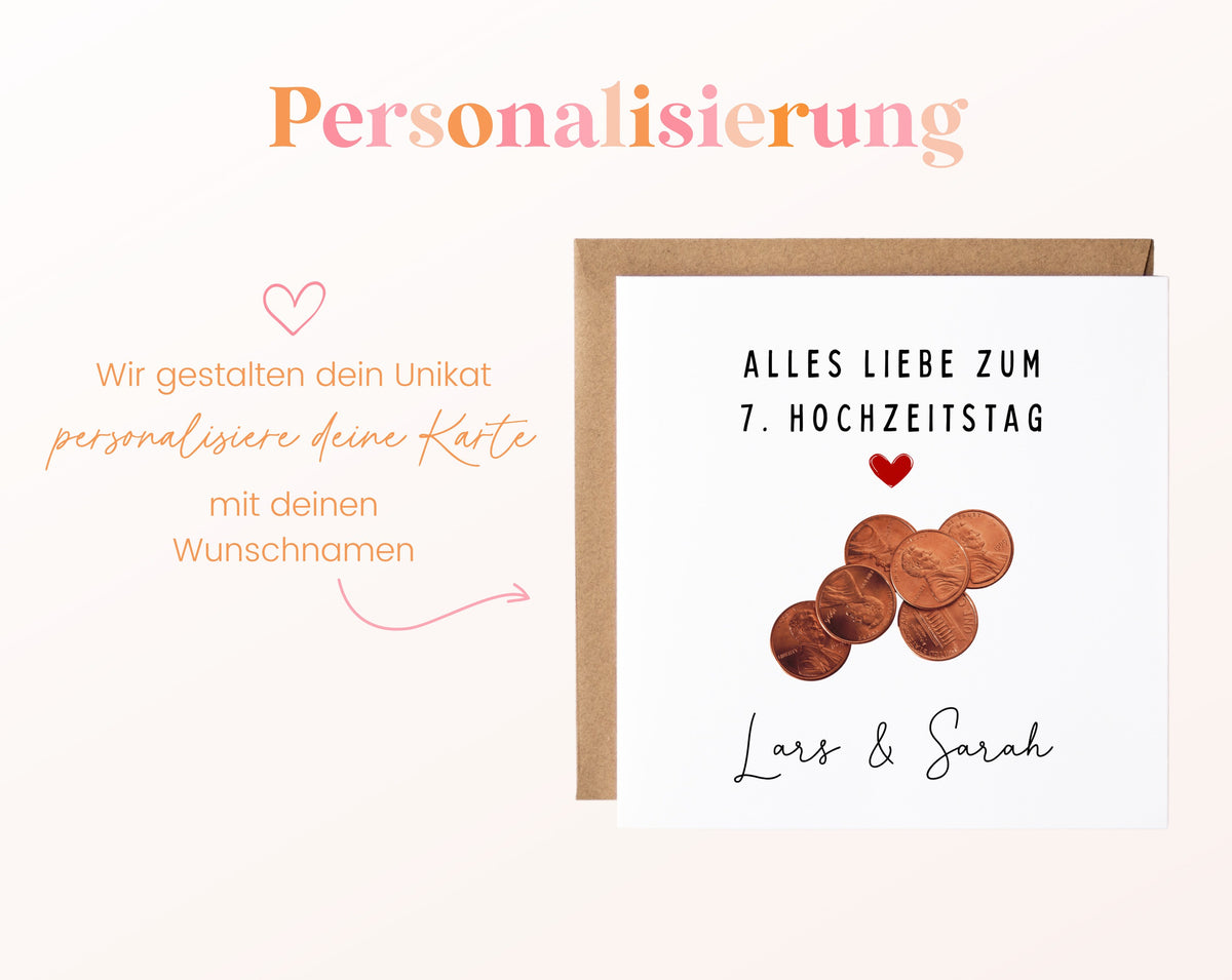Münzen-Karte zum 7. Hochzeitstag – Personalisierung mit Beispielnamen