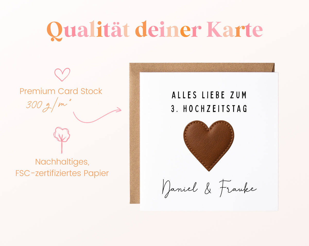 Lederherz-Karte zum 3. Hochzeitstag – Qualitätsangaben