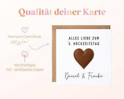 Lederherz-Karte zum 3. Hochzeitstag – Qualitätsangaben