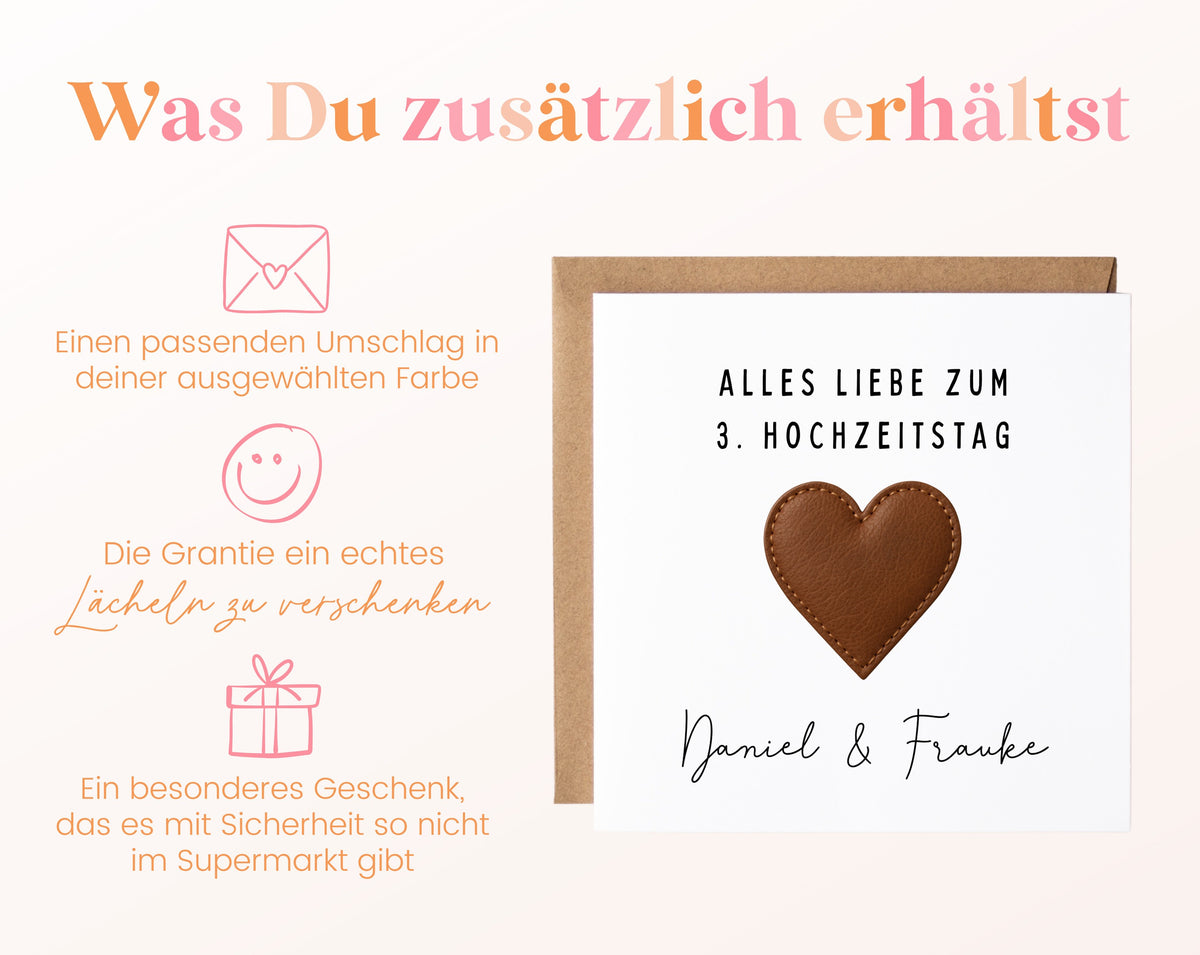 Lederherz-Karte zum 3. Hochzeitstag – Lieferumfang