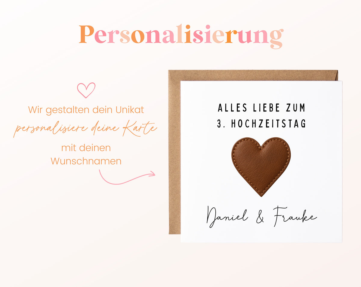 Lederherz-Karte zum 3. Hochzeitstag – Personalisierung mit Beispielnamen