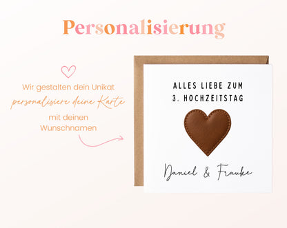 Lederherz-Karte zum 3. Hochzeitstag – Personalisierung mit Beispielnamen