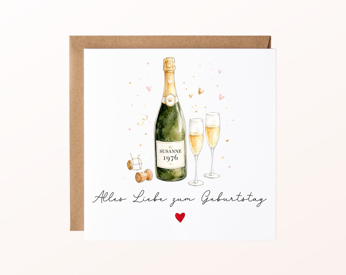 Personalisierte Geburtstagskarte mit Champagnerflasche und Jahrgang – Kartenmotiv mit Umschlag
