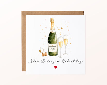 Personalisierte Geburtstagskarte mit Champagnerflasche und Jahrgang – Kartenmotiv mit Umschlag