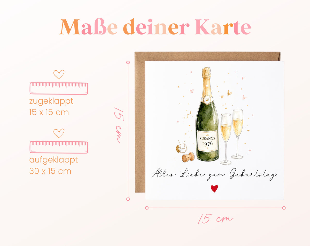 Personalisierte Geburtstagskarte mit Champagnerflasche und Jahrgang – Format der Klappkarte