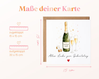 Personalisierte Geburtstagskarte mit Champagnerflasche und Jahrgang – Format der Klappkarte