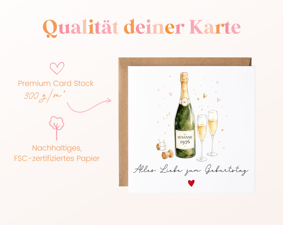 Personalisierte Geburtstagskarte mit Champagnerflasche und Jahrgang – Kartenpapier mit 300 g/m²
