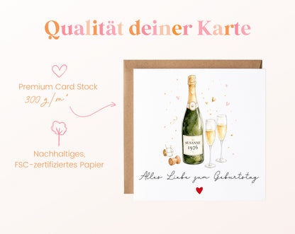Personalisierte Geburtstagskarte mit Champagnerflasche und Jahrgang – Kartenpapier mit 300 g/m²