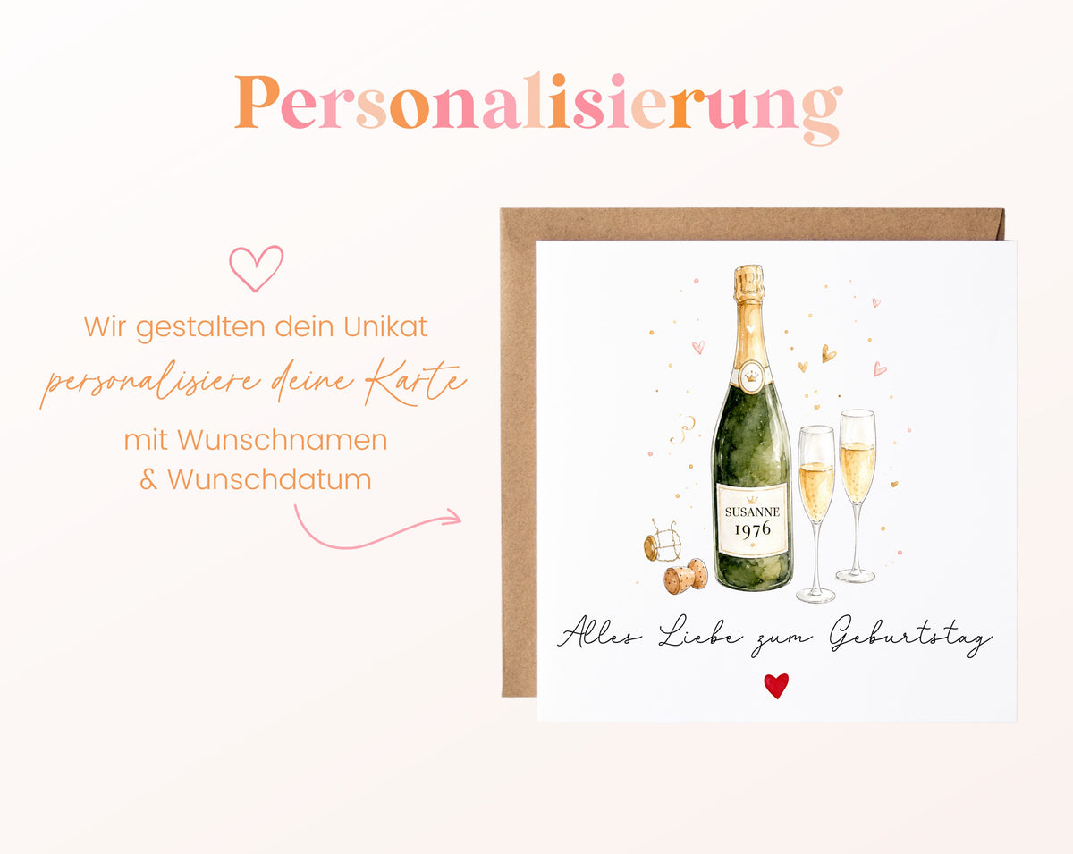 Personalisierte Geburtstagskarte mit Champagnerflasche und Jahrgang – Hinweis zur Personalisierung