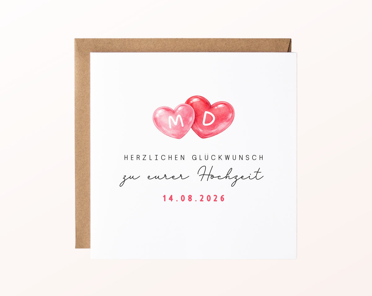Personalisierte Hochzeitskarte mit zwei Herzen, Initialen und Datum – Kartenmotiv mit Umschlag