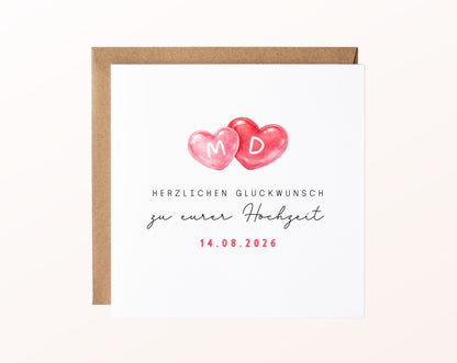 Personalisierte Hochzeitskarte mit zwei Herzen, Initialen und Datum – Kartenmotiv mit Umschlag