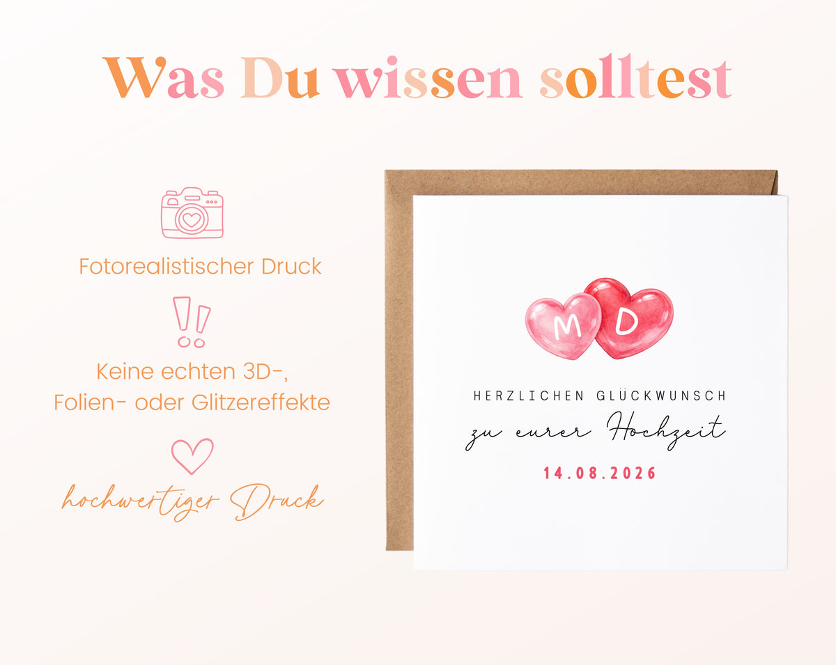 Personalisierte Hochzeitskarte mit zwei Herzen, Initialen und Datum – Informationen zu Karte und Umschlag