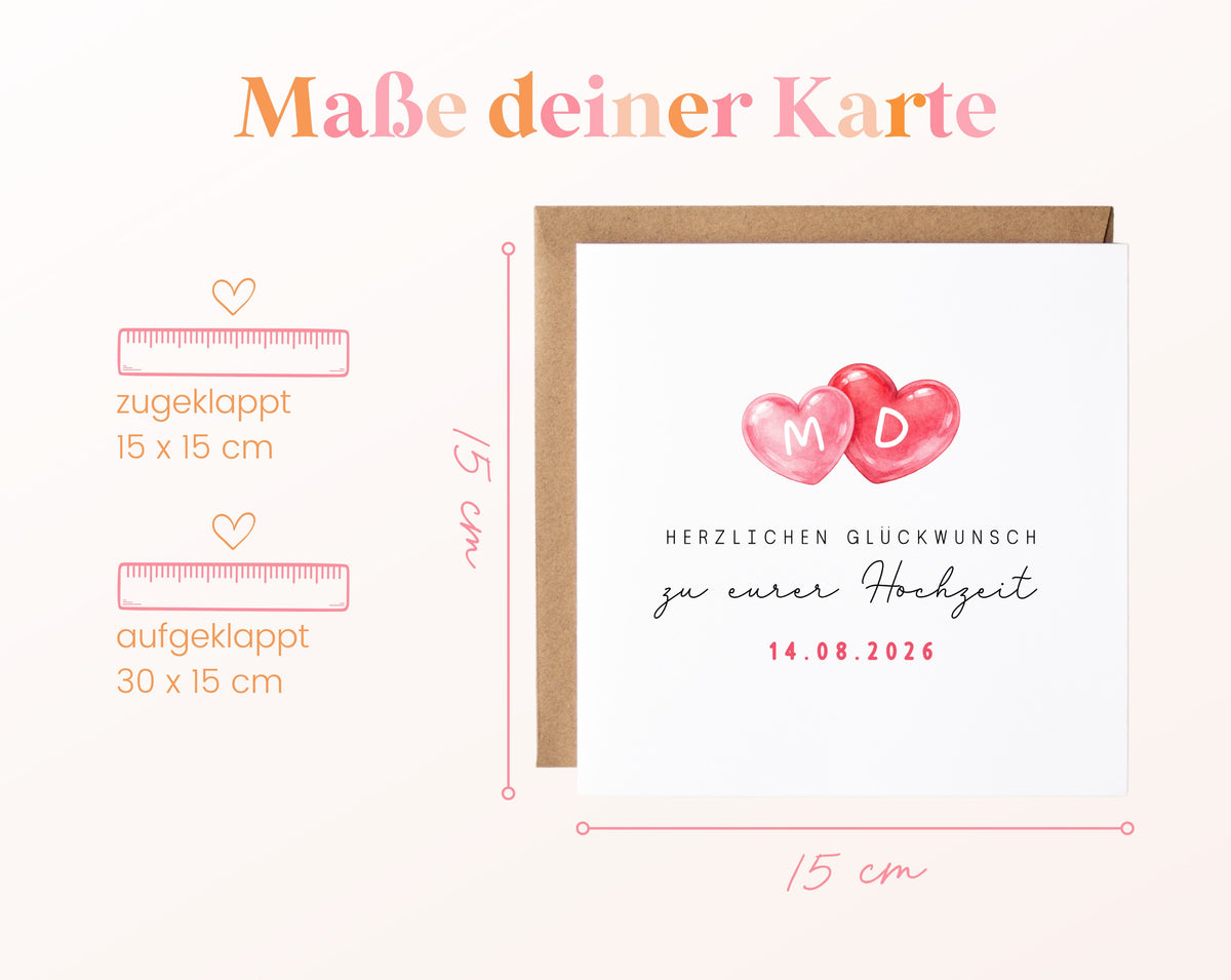 Personalisierte Hochzeitskarte mit zwei Herzen, Initialen und Datum – Format der Klappkarte