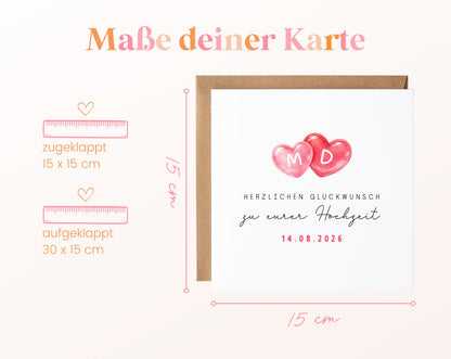 Personalisierte Hochzeitskarte mit zwei Herzen, Initialen und Datum – Format der Klappkarte