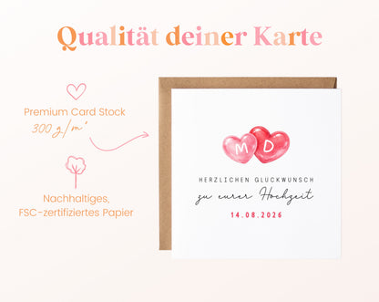 Personalisierte Hochzeitskarte mit zwei Herzen, Initialen und Datum – Kartenpapier mit 300 g/m²