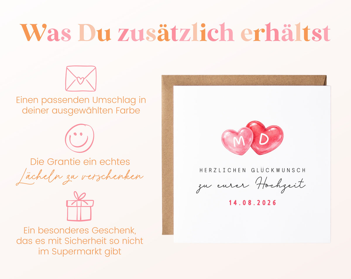 Personalisierte Hochzeitskarte mit zwei Herzen, Initialen und Datum – Hinweis zum Umschlag