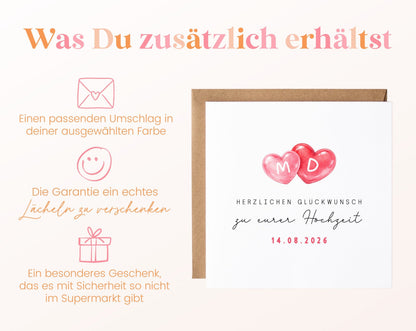 Personalisierte Hochzeitskarte mit zwei Herzen, Initialen und Datum – Hinweis zum Umschlag