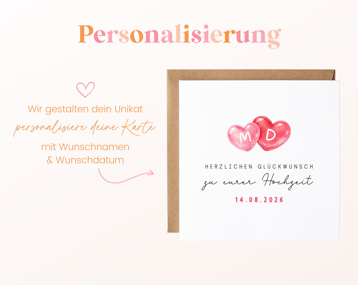 Personalisierte Hochzeitskarte mit zwei Herzen, Initialen und Datum – Hinweis zur Personalisierung
