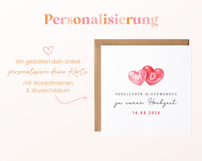 Personalisierte Hochzeitskarte mit zwei Herzen, Initialen und Datum – Hinweis zur Personalisierung