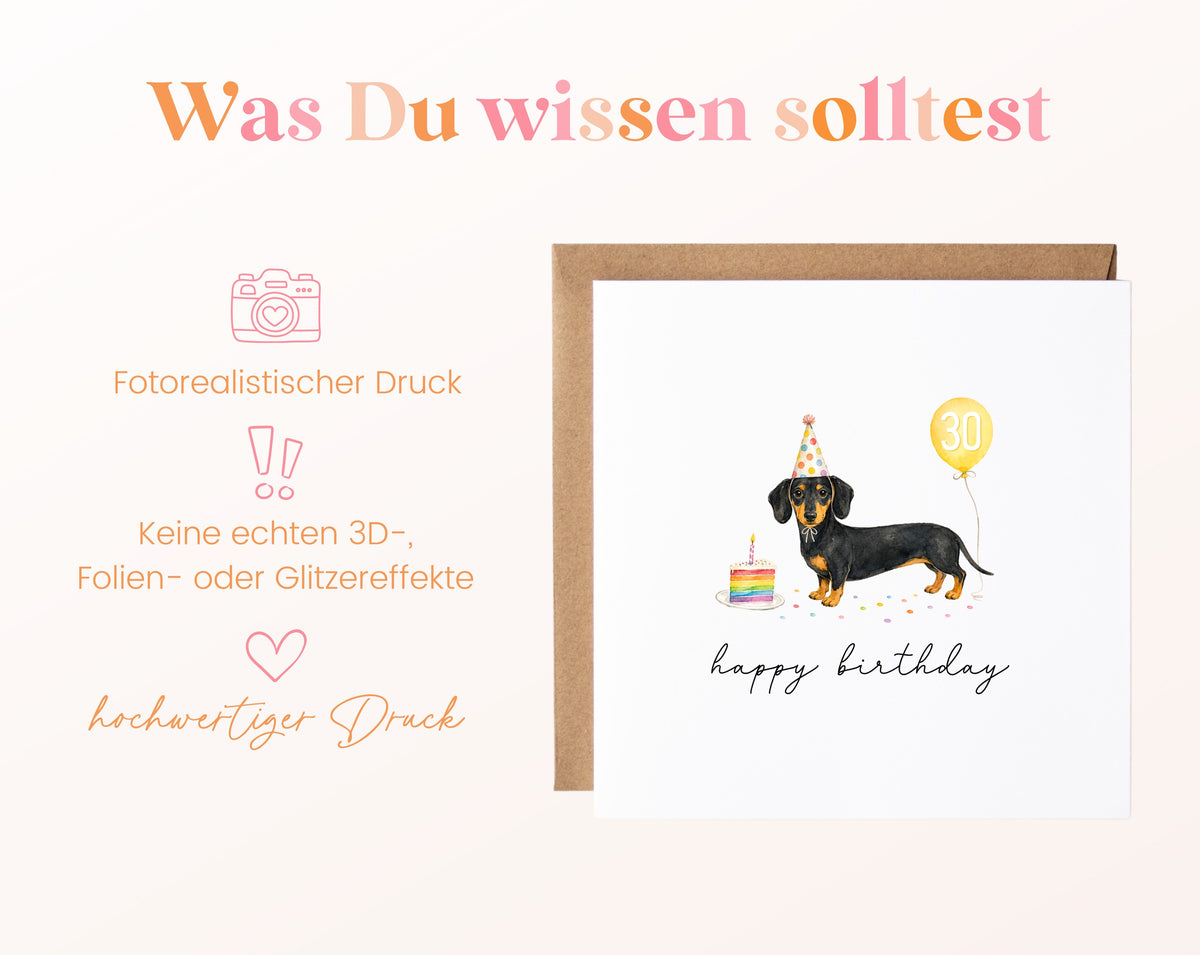 Geburtstagskarte zum 30. Geburtstag mit Dackel und gelbem Zahlenballon – Informationen zu Karte und Umschlag