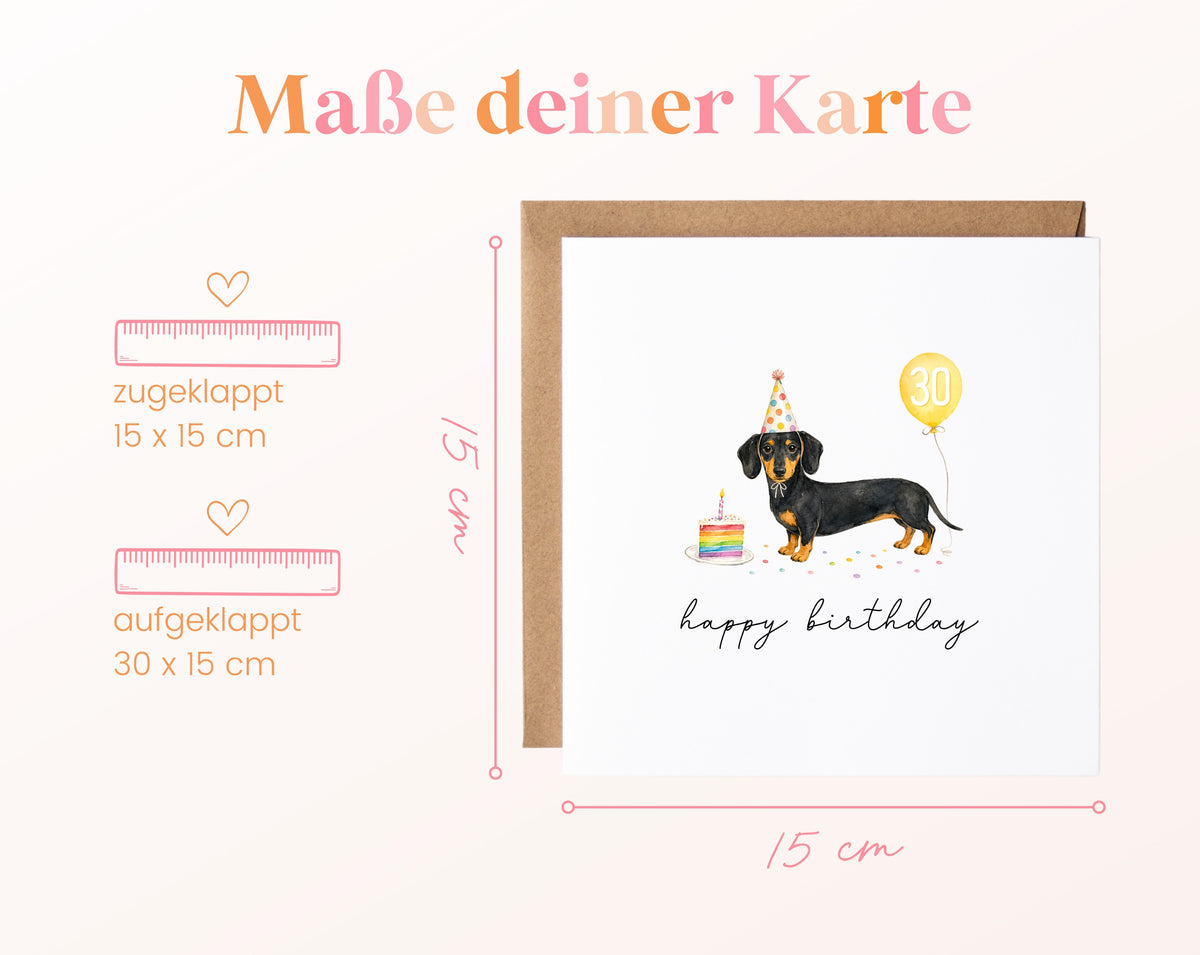 Geburtstagskarte zum 30. Geburtstag mit Dackel und gelbem Zahlenballon – Format der Klappkarte