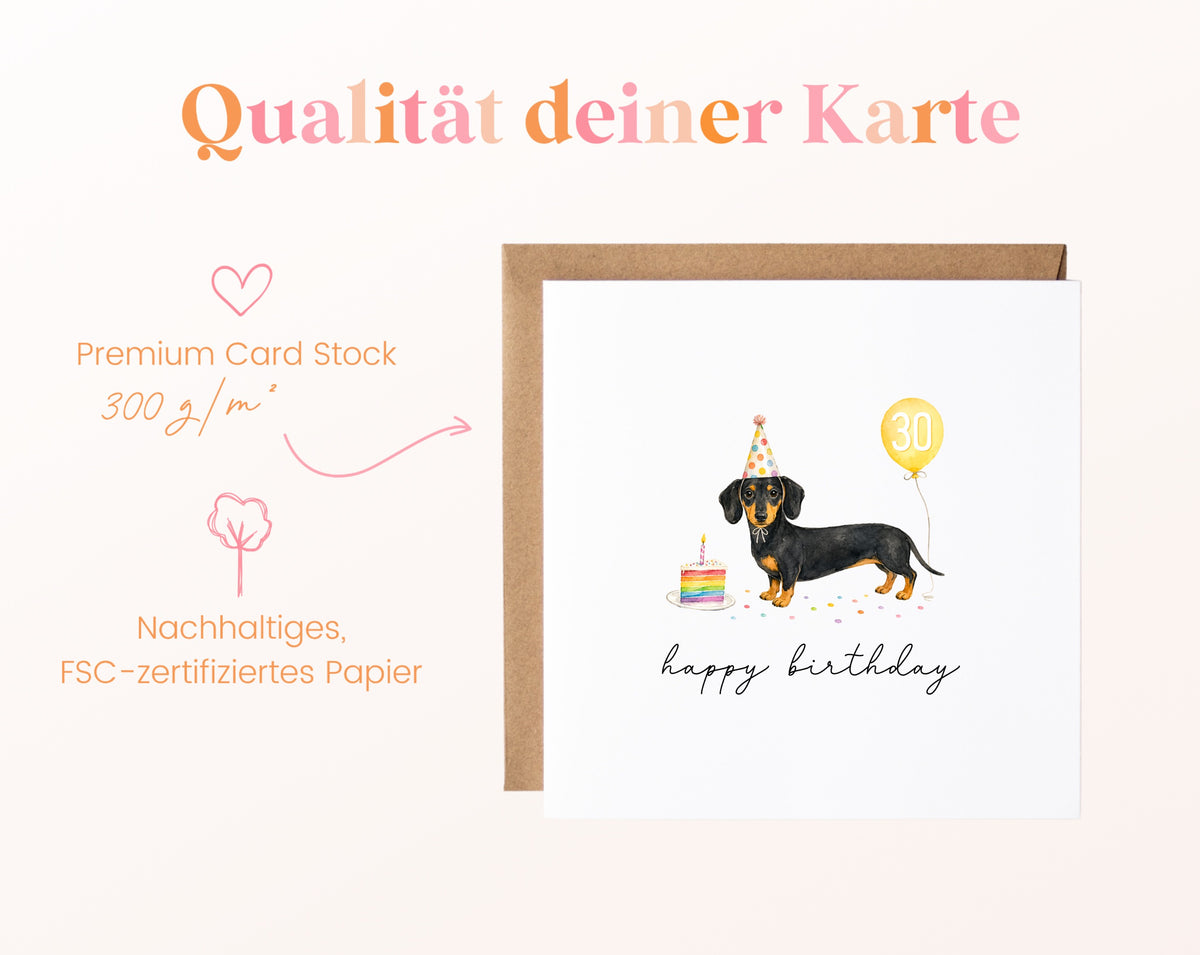 Geburtstagskarte zum 30. Geburtstag mit Dackel und gelbem Zahlenballon – Kartenpapier mit 300 g/m²