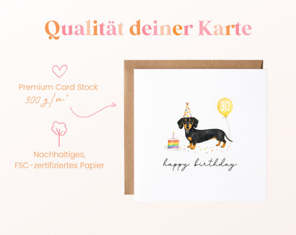 Geburtstagskarte zum 30. Geburtstag mit Dackel und gelbem Zahlenballon – Kartenpapier mit 300 g/m²