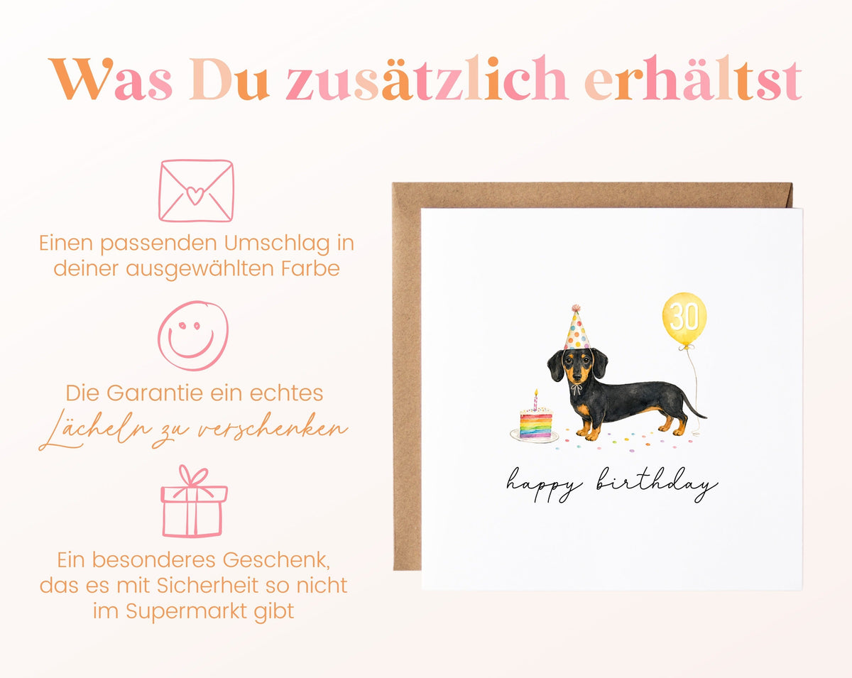 Geburtstagskarte zum 30. Geburtstag mit Dackel und gelbem Zahlenballon – Hinweis zum Umschlag
