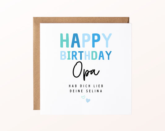 Geburtstagskarte Opa – Happy Birthday in Hellblau – mit Karte und Kraftpapierumschlag