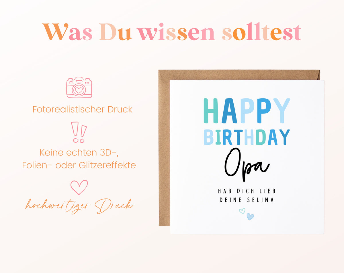 Geburtstagskarte Opa – Happy Birthday in Hellblau – Hinweise zu Druck und gedrucktem Motiv