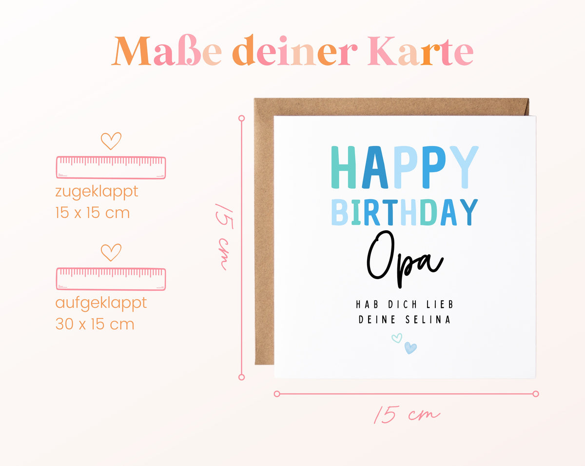 Geburtstagskarte Opa – Happy Birthday in Hellblau – Kartenmaße geschlossen und aufgeklappt