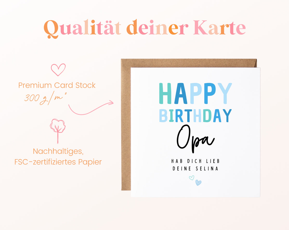 Geburtstagskarte Opa – Happy Birthday in Hellblau – Papierstärke und FSC-zertifiziertes Papier