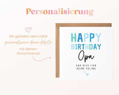 Geburtstagskarte Opa – Happy Birthday in Hellblau – Hinweis zur Personalisierung mit Wunschname