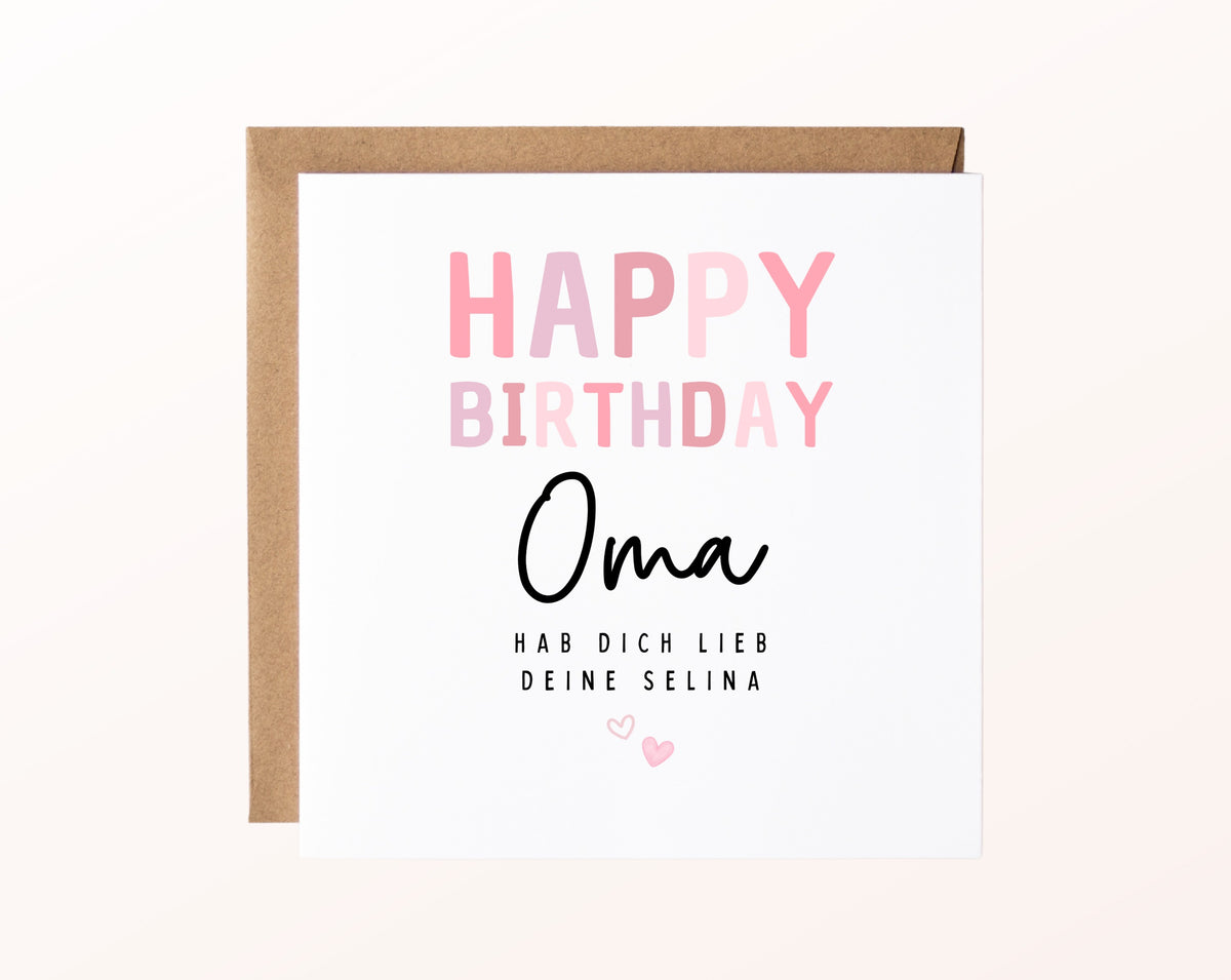 Geburtstagskarte Oma – Happy Birthday in Rosa – mit Karte und Kraftpapierumschlag