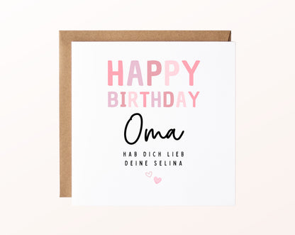 Geburtstagskarte Oma – Happy Birthday in Rosa – mit Karte und Kraftpapierumschlag