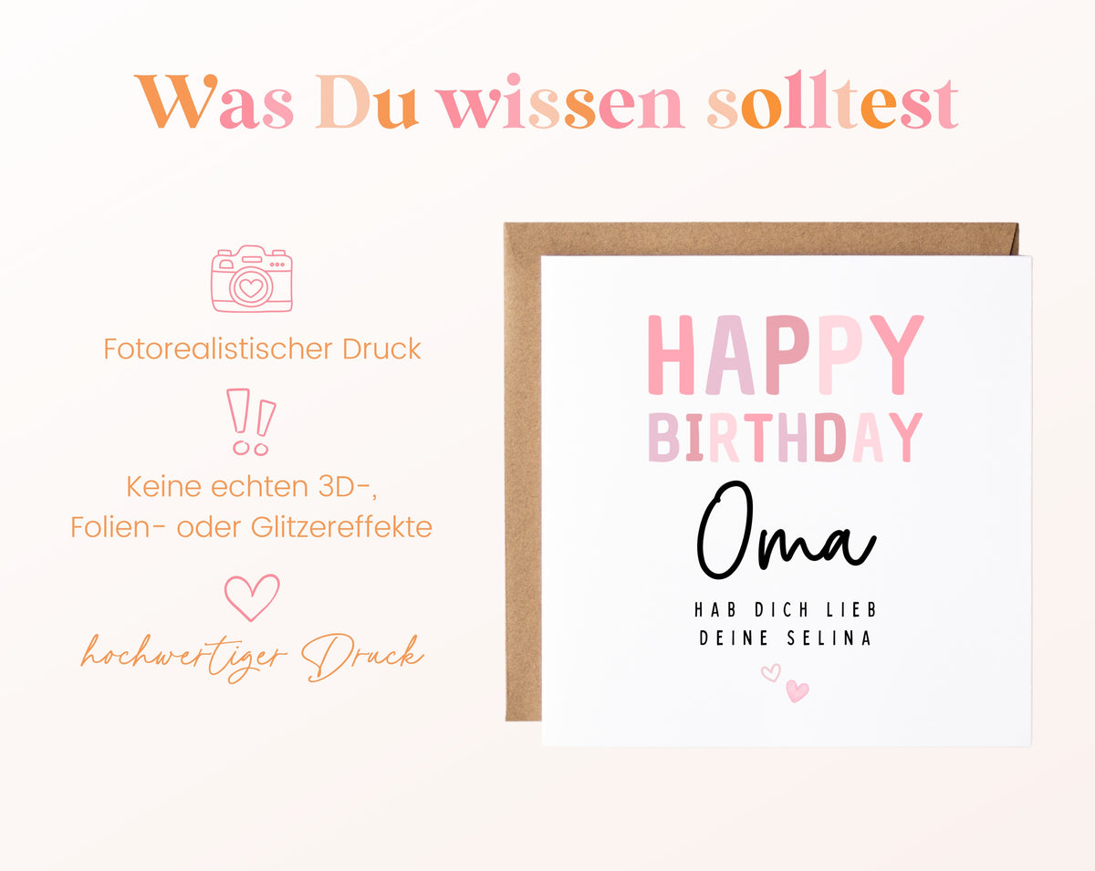Geburtstagskarte Oma – Happy Birthday in Rosa – Hinweise zu Druck und gedrucktem Motiv