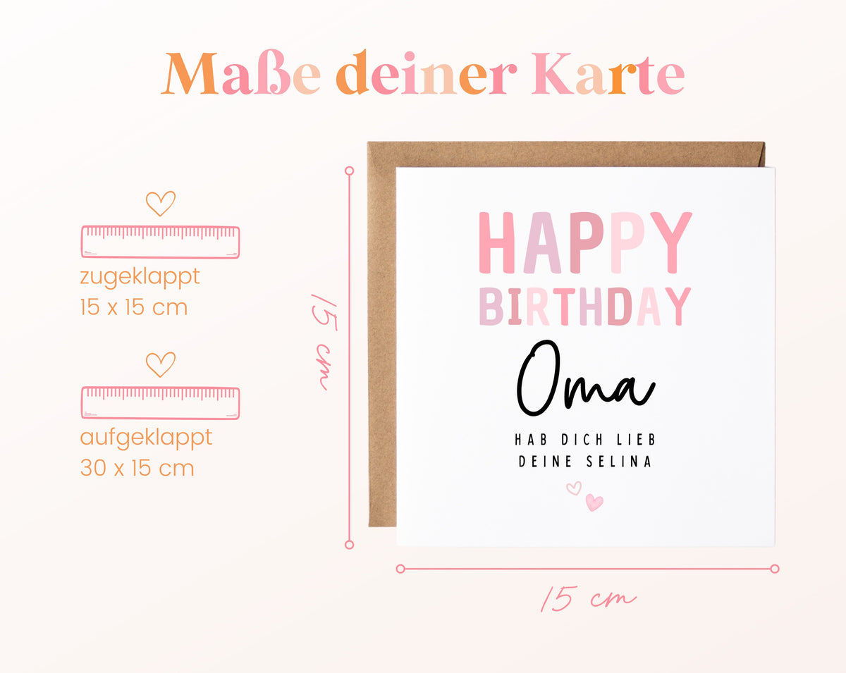 Geburtstagskarte Oma – Happy Birthday in Rosa – Kartenmaße geschlossen und aufgeklappt