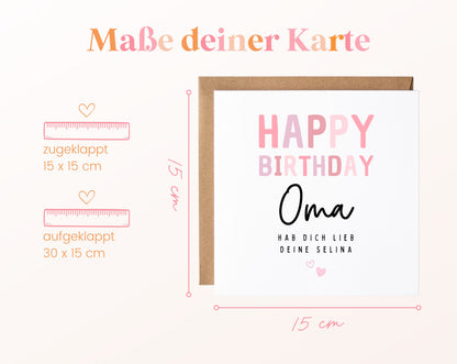 Geburtstagskarte Oma – Happy Birthday in Rosa – Kartenmaße geschlossen und aufgeklappt