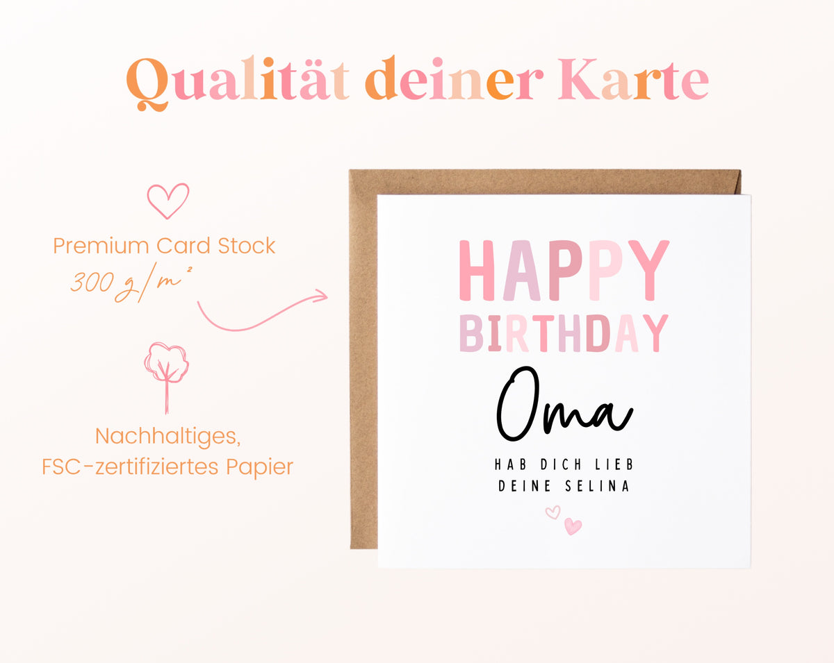 Geburtstagskarte Oma – Happy Birthday in Rosa – Papierstärke und FSC-zertifiziertes Papier
