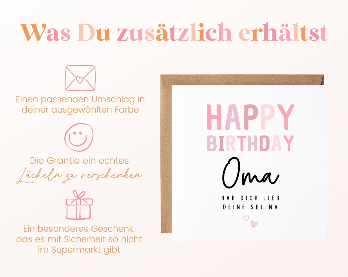 Geburtstagskarte Oma – Happy Birthday in Rosa – Zusätzliche Produktinformationen