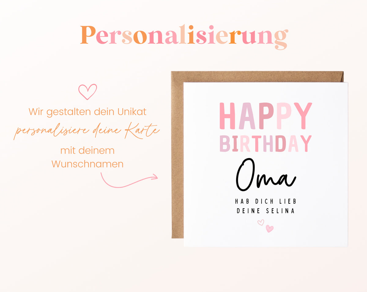 Geburtstagskarte Oma – Happy Birthday in Rosa – Hinweis zur Personalisierung mit Wunschname