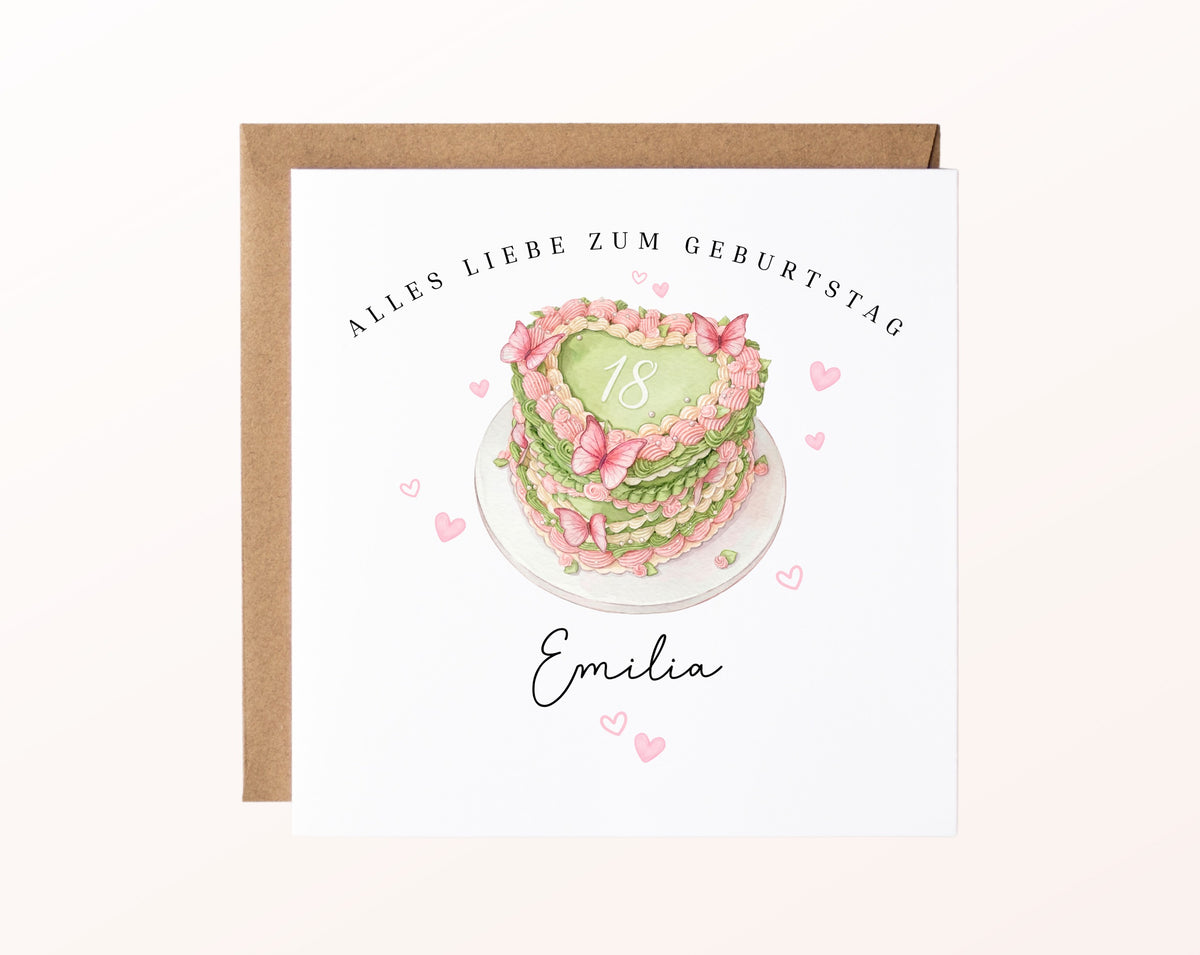 Personalisierte Geburtstagskarte zum 18. – Herztorte – mit Karte und Kraftpapierumschlag