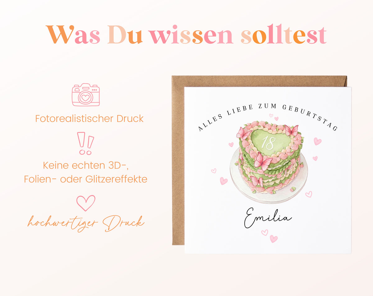 Personalisierte Geburtstagskarte zum 18. – Herztorte – Hinweise zu Druck und gedrucktem Motiv