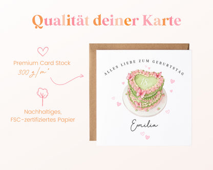 Personalisierte Geburtstagskarte zum 18. – Herztorte – Papierstärke und FSC-zertifiziertes Papier