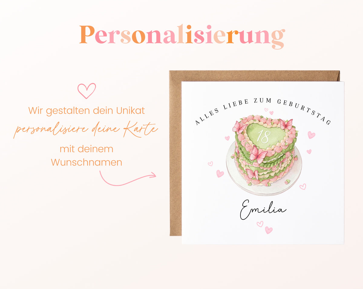 Personalisierte Geburtstagskarte zum 18. – Herztorte – Hinweis zur Personalisierung mit Wunschname